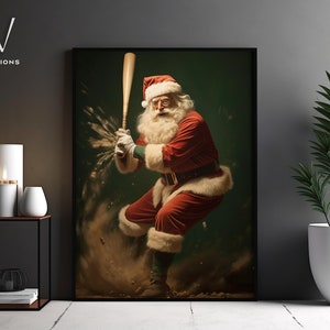 Vintage Softball Santa Painting -Santa Claus Baseball Canvas Print, Festive Christmas Wall Decor, Unique Holiday Art Gift, Santa&#39;s Gift.#413
