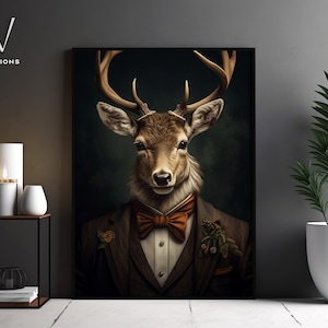 Retrato de veado vitoriano - Arte de parede em tela gótica - Pintura renascentista - Pôster de retrato de animal vintage - Arte sem moldura. #568