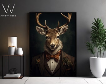 Victorian  Stag Deer Portrait - Gothic Canvas Wall Art - Renaissance Painting - Vintage Animal Portrait Poster Artwork - Unframed Art. #568