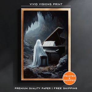 Póster de fantasma tocando el piano, decoración de Halloween, pintura de Dark Academia, arte de pared de bosque fantasma, pintura de fantasmas vintage, arte sin marco. #1418
