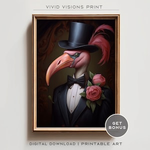 Victorian Flamingo Portrait - Gothic Canvas Wall Art, Renaissance Painting, Vintage Animal Portrait Poster Artwork, Digital Download. #894