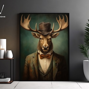 Retrato de veado veado vitoriano - Arte de parede em tela gótica - Pintura renascentista - Arte de pôster de retrato de animal vintage - Arte sem moldura. #814
