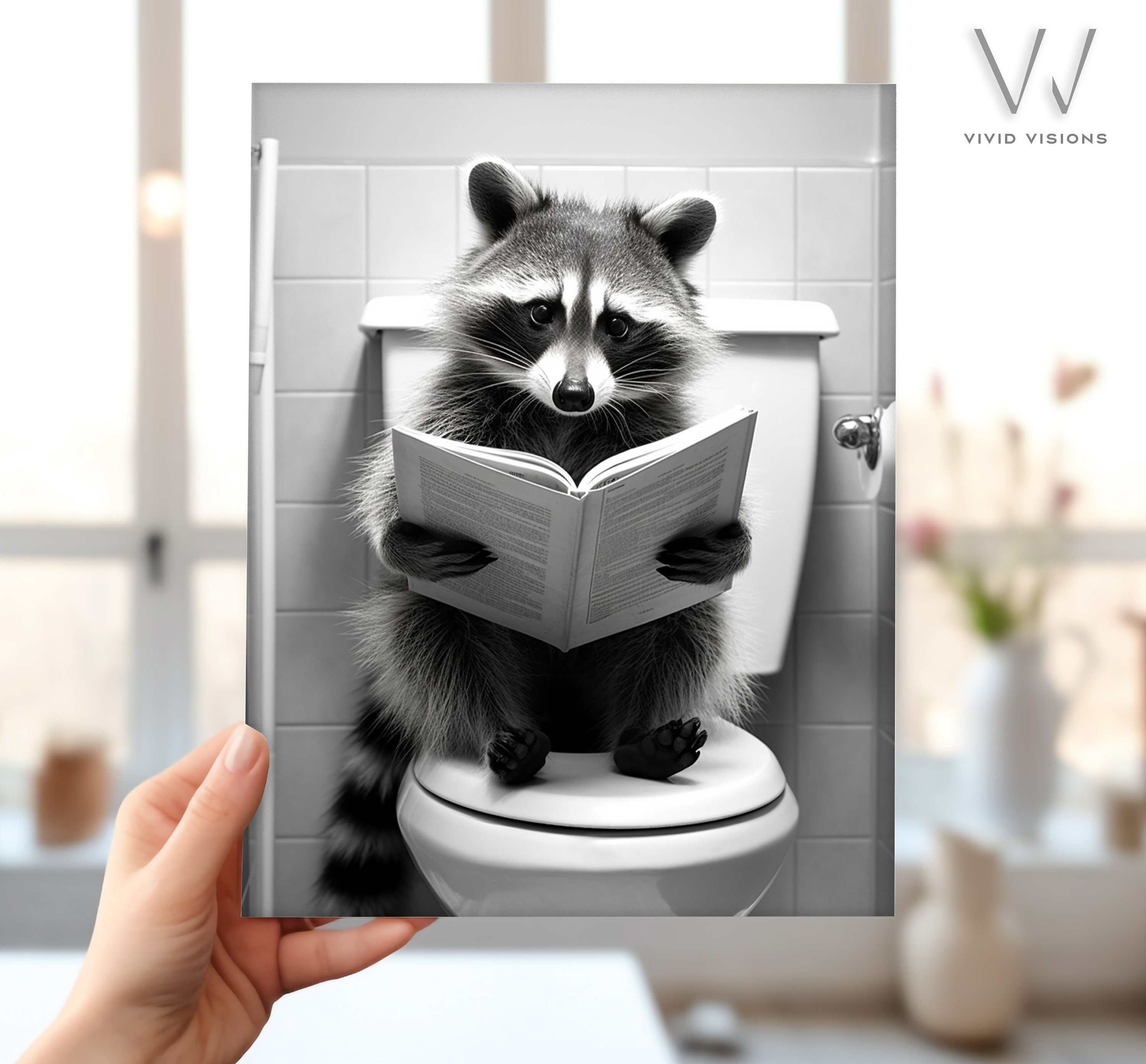 Adorable Raccoon Sitting on the Toilet Reading, Animal Bathroom Art ...