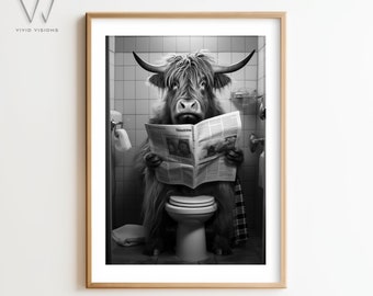 Highland Cow Bathroom Print, Funny Toilet Newspaper Art