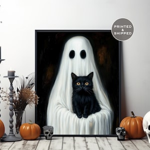 Ghost Holding Black Cat Poster - Vintage Halloween Decor - Dark ...
