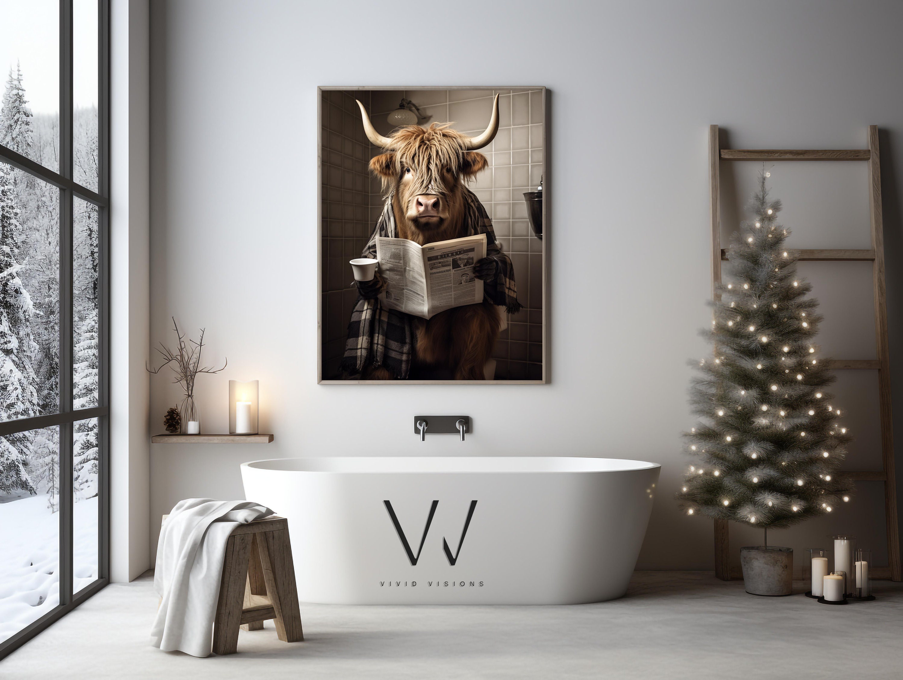 Highland Cow Sitting on the Toilet Reading Funny Bathroom - Etsy