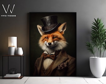 Viktorianischer Fuchs im Anzug Porträt - Gothic Leinwand Kunstdruck - Modernes Haus Kunstwerk Dekoration - Wohnzimmer Poster Druck. #583