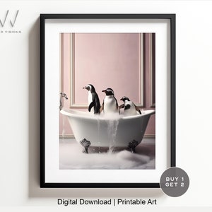 Penguins in a Vintage Bathtub, Animal Bathroom Art, Rustic Bath Style, Penguins in Tub, Bathroom Wall Art, Digital Download. #1173