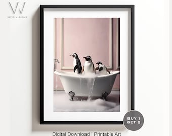 Pingüinos en una bañera vintage, arte de baño de animales, estilo de baño rústico, pingüinos en la bañera, arte de la pared del baño, descarga digital. #1173