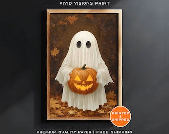 Ghost Holding a Pumpkin Poster - Halloween Bathroom Decor - Dark Academia Painting - Halloween Wall Cute Spooky Poster - Unframed Art. #1429