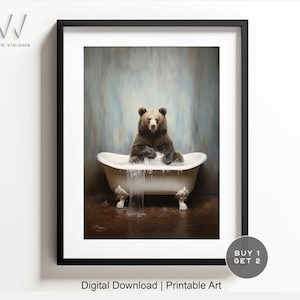 Bear in a Vintage Bathtub, Animal Bathroom Art, Rustic Bath Style, Bear in Tub, Bathroom Wall Art, Black & White, Digital Download. #837