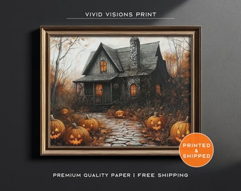 Haunted House with Glowing Jack-O'-Lanterns Poster - Halloween Wall Art - Dark Academia - Creepy Cottage Print - Unframed Art. #1443