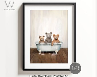 Three Bear Cubs in a Vintage Bathtub, Animal Bathroom Art, Rustic Bath Style, Bathroom Wall Art, Black & White, Digital Download. #861