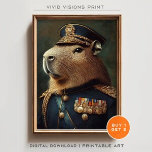 May include: A digital print of a capybara dressed in a blue military uniform with gold accents and a cap. The capybara is looking to the left. The print is framed in a gold frame and has a green background. The text "BUY 1 GET 2" is in a circle on the bottom right corner of the image.