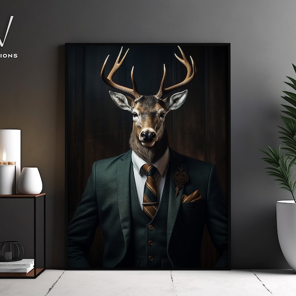 Victorian  Stag Deer Portrait - Gothic Canvas Wall Art - Renaissance Painting - Vintage Animal Portrait Poster Artwork - Unframed Art. #823