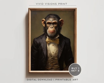 Vintage Aristocratic Monkey Portrait in Warrior Suit - Unique Renaissance Painting - Quirky Animal Art Lovers- Printable Digital Art. #282