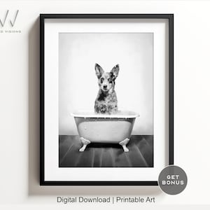 Australian Cattle Dog in una vasca da bagno vintage, arte da bagno con animali, stile rustico, arte da parete per il bagno, bianco e nero, download digitale. #872
