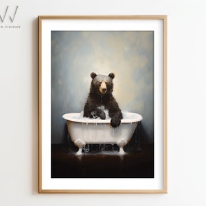 Bear in a Vintage Bathtub, Animal Bathroom Art, Rustic Bath Style, Bathroom Wall Art, Bear in Tub, Unframed Art. #600