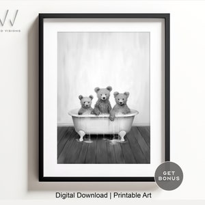 May include: Three teddy bears in a white bathtub with water splashing out. The bears are all looking at the camera. The background is a black and white wood floor.