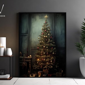 Vintage Christmas Tree Painting - Cottage Christmas Pine Canvas Print, Cozy Festive Wall Decor, Christmas Art Print, Rustic Wall Decor. #416