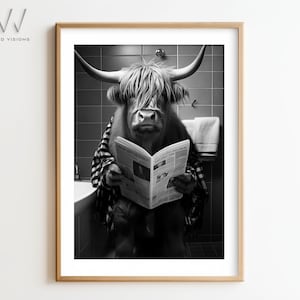 Highland Cow Sitting on The Toilet Reading | Funny Bathroom Wall Art | Animal Print | Bathroom Decor | Black & White | Unframed Art. #629