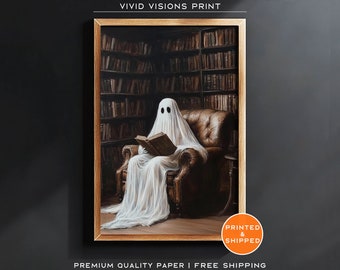 Ghost in the Library Art Print - Halloween Bathroom Decor - Dark Academia Painting - Halloween Wall Art Haunted Reading - Unframed Art.#1425