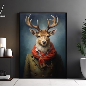 Viktorianisches Hirsch Porträt - Gothic Leinwand Wandkunst - Renaissance Gemälde - Vintage Tier Porträt Poster Kunstwerk - Ungerahmt Kunst. #783