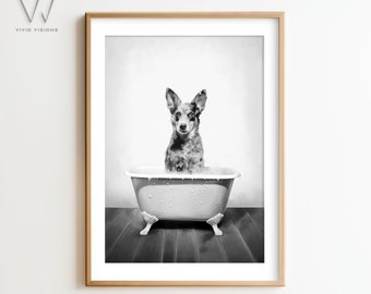Australian Cattle Dog in a Vintage Bathtub, Animal Bathroom Art, Rustic Bath Style,  Bathroom Wall Art, Black & White, Unframed Art. #736