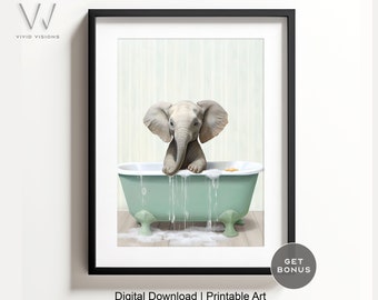 Bébé éléphant dans une baignoire vintage, art animalier de salle de bain, style de bain rustique, art mural de salle de bain, éléphant dans la baignoire, téléchargement numérique. #852