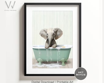 Baby Elephant in a Vintage Bathtub, Animal Bathroom Art, Rustic Bath Style,  Bathroom Wall Art, Elephant in Tub, Digital Download. #852