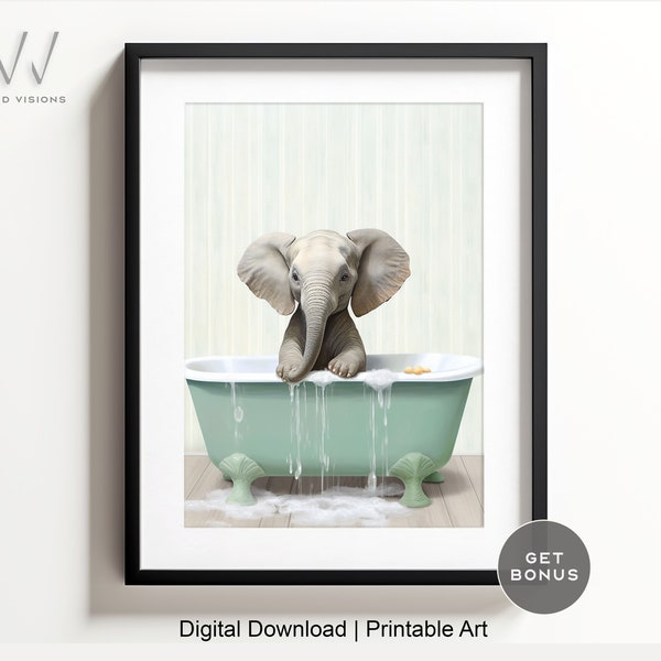 Baby Elephant in a Vintage Bathtub, Animal Bathroom Art, Rustic Bath Style,  Bathroom Wall Art, Elephant in Tub, Digital Download. #852
