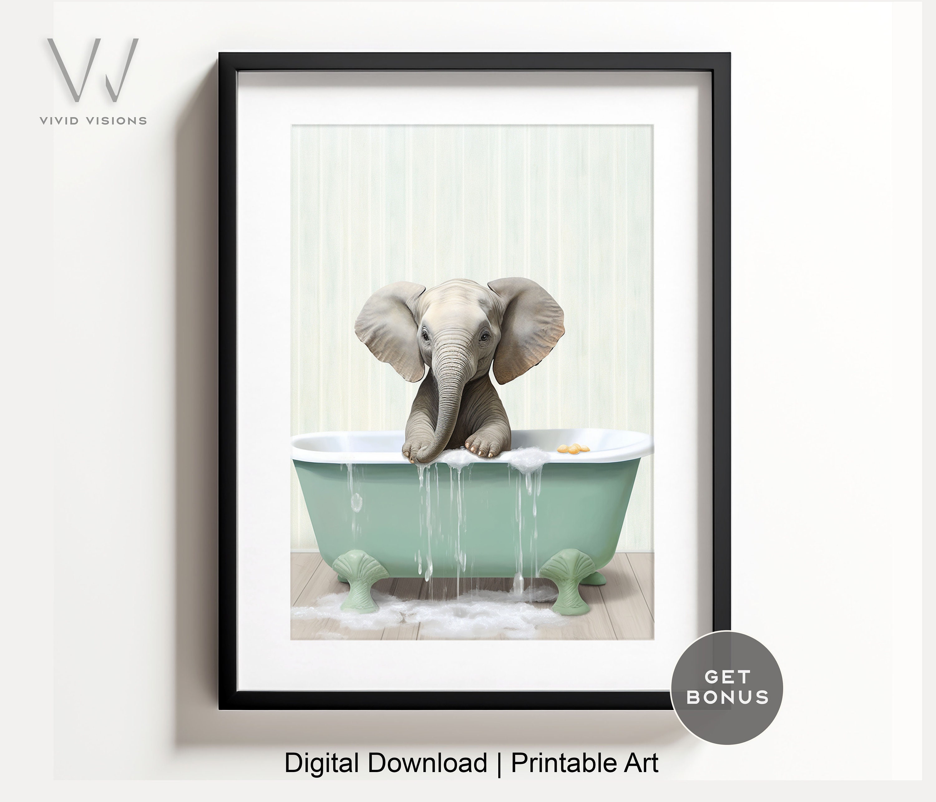 Baby Elephant in a Vintage Bathtub, Animal Bathroom Art, Rustic Bath ...
