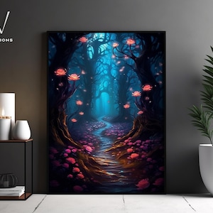 Spiritual Forest Rose Trail Wall Art Print | Mystical Candles and Fireflies | Enchanted Fantasy Forest | Fantasy Painting Art Print. #451