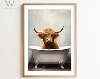 Highland Kuh in einer Vintage Badewanne - Tier Badezimmer Kunst - Rustikaler Bad-Stil, Kuh in der Wanne - Badezimmer Wandkunst - Ungerahmte Kunst. #620