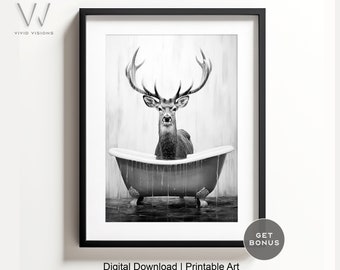 Deer in Bathtub Print, Rustic Bathroom Wall Art (Digital Download)
