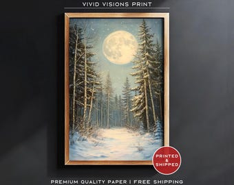 月明かりに照らされた冬の森と雪に覆われた松の木 - Etsy 日本