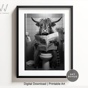 Highland Cow Sitting on The Toilet Reading | Funny Bathroom Wall Art | Animal Print | Bathroom Decor | Black & White | Digital Download.#197