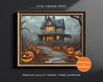 Haunted House with Glowing Jack-O'-Lanterns Poster - Halloween Wall Art - Dark Academia - Fall Ghost Painting - Unframed Art. #1442
