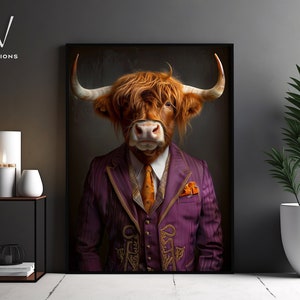 Dapper Highland Cow in Purple Suit - Modern Animal Art Print  | Contemporary Animal Portrait |  Stylish Wall Decor - Unframed Art. #1365