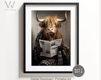 Highland Cow Bathroom Print | Funny Animal Reading Art (Digital Download)