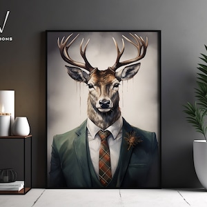 Retrato de veado veado vitoriano - Arte de parede em tela gótica - Pintura renascentista - Arte de pôster de retrato de animal vintage - Arte sem moldura. #787