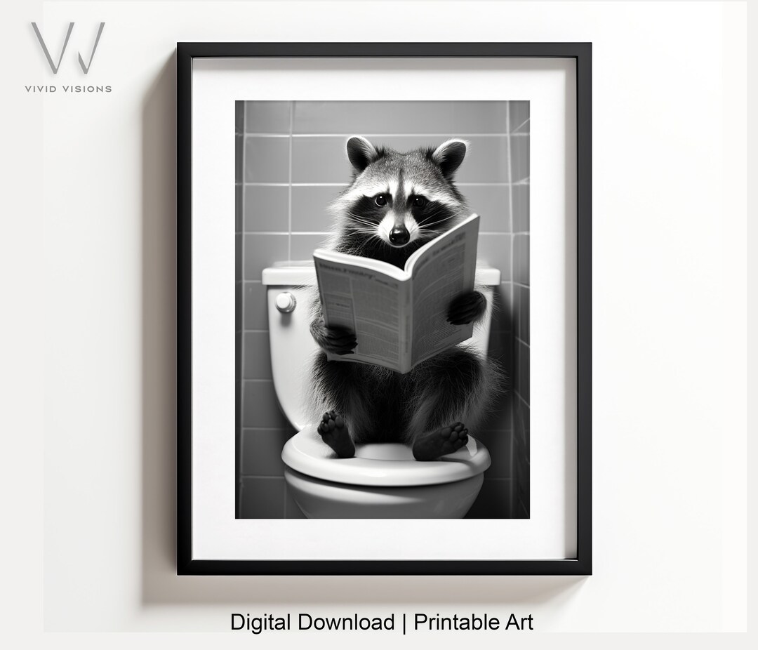 Adorable Raccoon Sitting on the Toilet Reading, Animal Bathroom Art ...