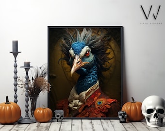 Espeluznante retrato aristocrático vintage de pavo real - Decoración de Halloween - Arte renacentista único - Arte animal peculiar - Arte digital imprimible. #152