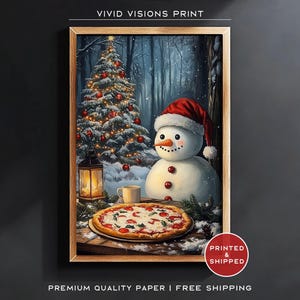 Festive Snowman with Christmas Pizza - Cozy Winter Wonderland Painting, Cozy Holiday Illustrationr, Unframed Art. #1486