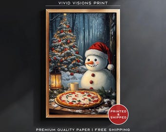 Schneemann-Weihnachtspizza-Druck: Festliche Winterwunderland-Kunst