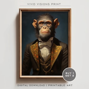 May include: A digital download of a printable art print featuring a chimpanzee in a formal portrait wearing a black suit with gold accents and a white bow tie. The background is a dark blue.
