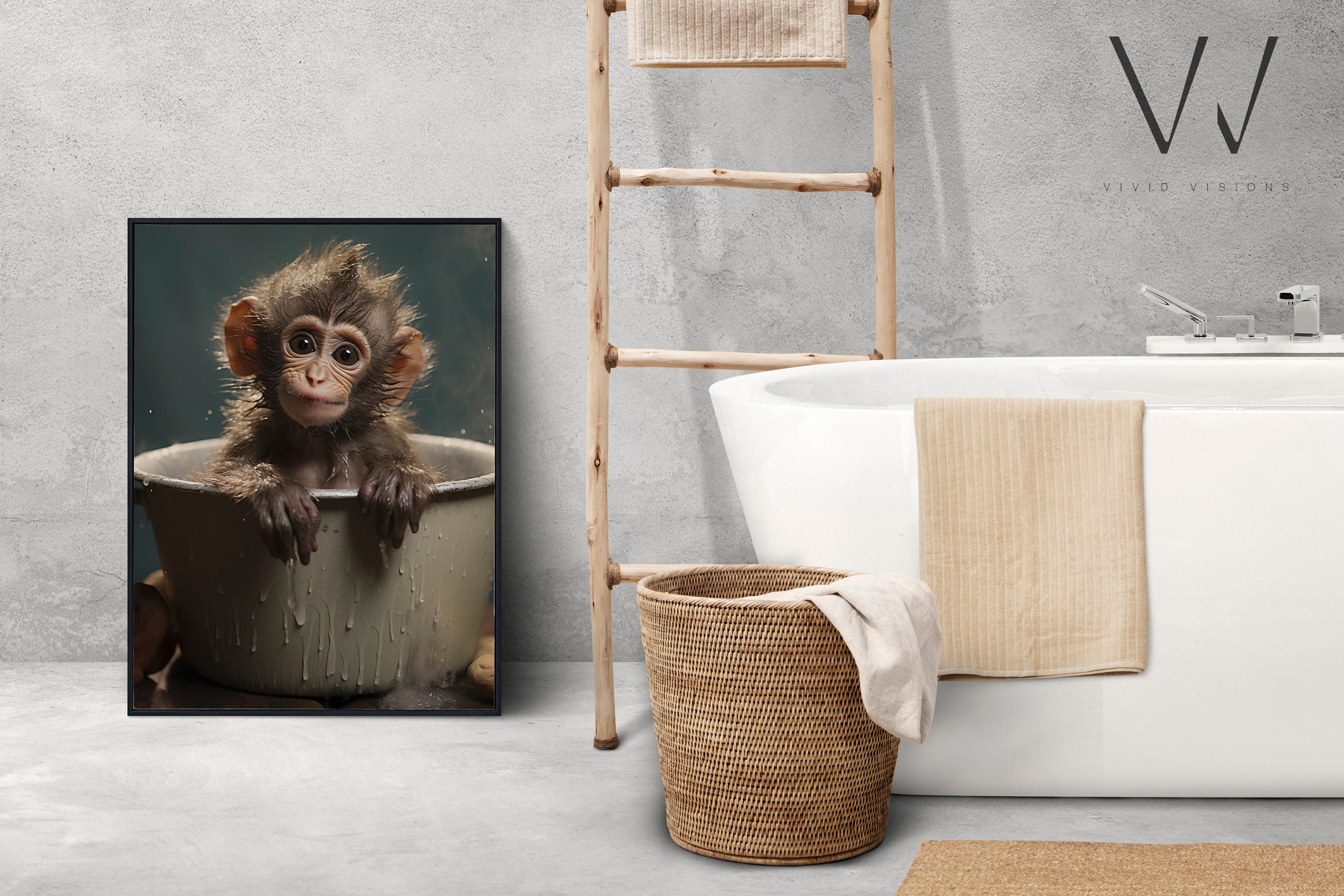 Rustic Monkeys Baby Monkey in a Vintage Bathtub, Rustic Bath Style, Bathroom Wall Art ...