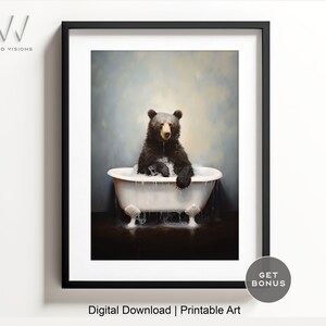 Bear in a Vintage Bathtub, Animal Bathroom Art, Rustic Bath Style, Bear in Tub, Bathroom Wall Art, Black & White, Digital Download. #835