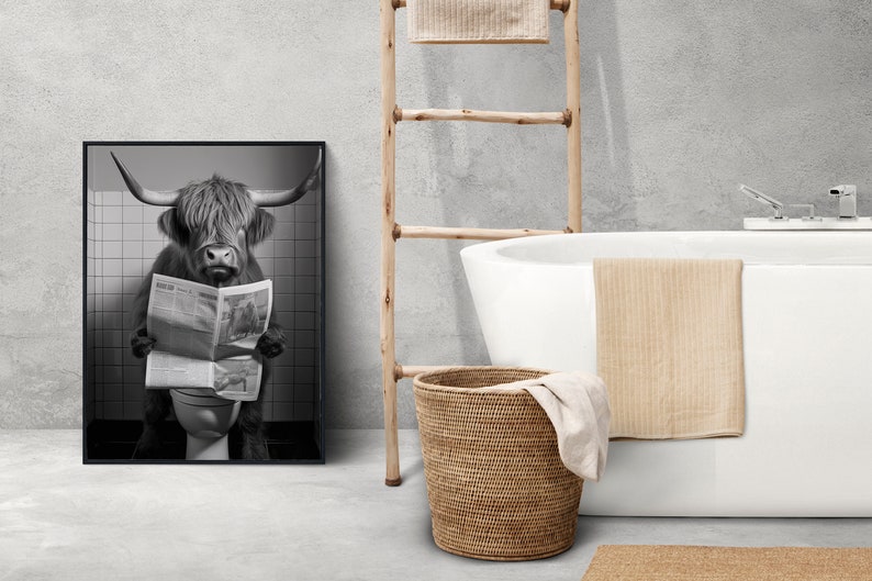 Highland Cow Sitting on the Toilet Reading Funny Bathroom Wall Art