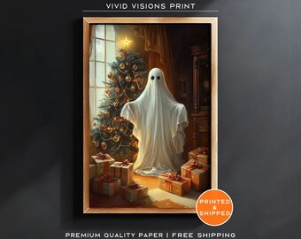 Ghost with Christmas Tree Poster, Halloween Decoration, Dark Academia Painting, Christmas Wall Art, Vintage Ghost Print, Unframed Art. #1416